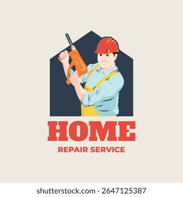 Illustration of a male worker engineer with red helmet holding drill tool and smiling happy, with house in background vector logo design