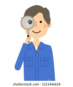 It is an illustration of a male worker looking into the magnifying glass.