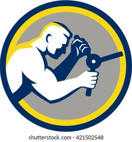 Illustration of a male worker opening safe handle viewed from side set inside circle done in retro style. 