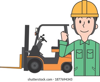 Illustration of a male worker posing in front of a forklift