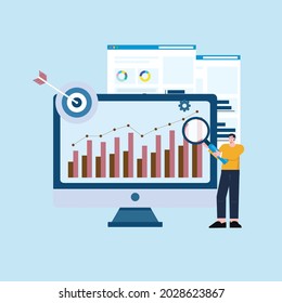 An illustration of a male worker to see the report statistics chart