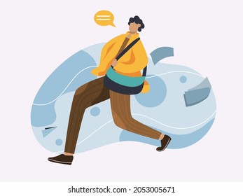 Illustration of a male worker walking through the street with his bag vector background.