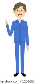 It is an illustration of a male worker who makes a V sign.