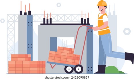 Illustration of Male Workers Stacking Bricks