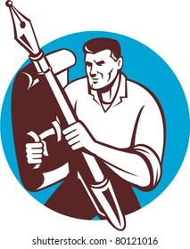 illustration of a male writer journalist wielding holding a pen and shield made of paper set inside circle.