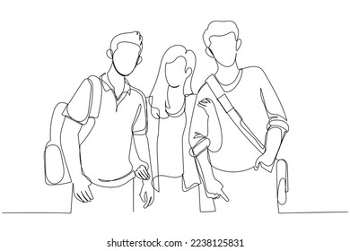 Illustration of males and female students standing posing looking to camera. Single line art style
