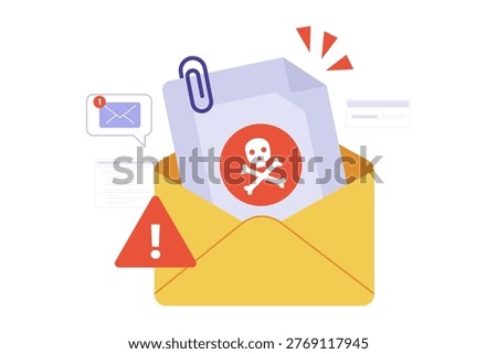 Illustration of Malicious Email Malware Attachment Warning. An open email envelope containing a document with a skull symbol and warning signs, representing a dangerous malware or virus attachment