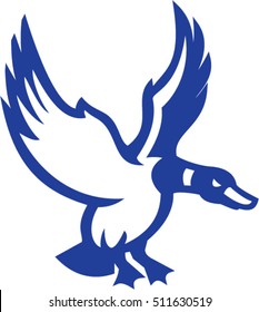 Illustration of a mallard duck with its wings flapping landing or about to land viewed from the side set on isolated white background done in retro style. 