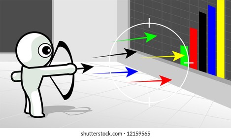 Illustration of a man aiming arrows at a block graph 	