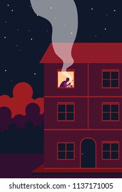 Illustration of  Man alone working in night with coffee