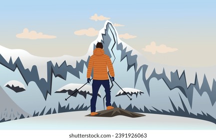  Illustration of a man in the Alps mountains. The man climbed to the top and watches the view of the mountains. Snowy mountains and tourist.
