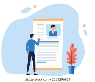 An illustration of a man analyzing a large resume or CV with a professional portrait. Perfect for job application, recruitment, HR, and career themes. Ideal for presentations, websites, and articles