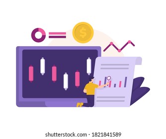 illustration of a man analyzing a stock data report. data chart on laptop. trading and investing. the concept of a trader, data analysis, business management. flat style. design elements