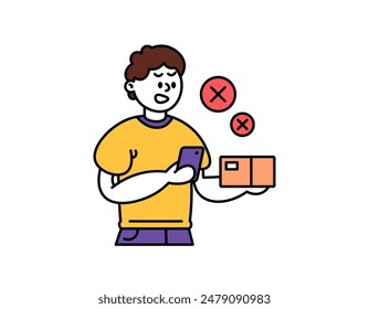 illustration of a man angry and annoyed because the package he received was wrong. buyers or customers who are unhappy because they received an inappropriate package. package damaged. outline style