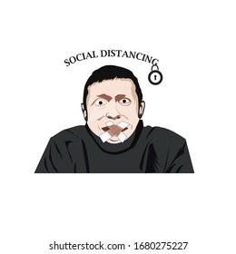 illustration of a man with anxious expression about covid - 19 spreading. infographics. keep distance each other and can not communication with other.