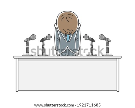 Illustration of a man apologizing at a press conference.