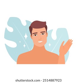 Illustration of a man applying black charcoal mask on T-zone. Targeted skincare vector.