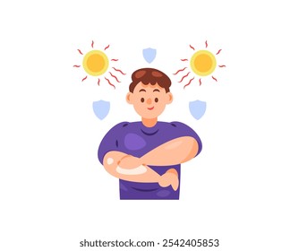 Ilustración de un hombre aplicando bloqueador solar en su mano. Aplicar protector solar para proteger la piel de la exposición al sol o los rayos ultravioleta o UV. Cuidado y salud. Diseño de personajes de estilo plano. Elementos