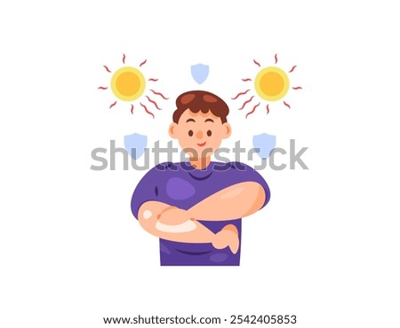 illustration of a man applying sunblock on his hand. applying sunscreen to protect the skin from sun exposure or ultraviolet or UV rays. care and health. flat style character design. elements