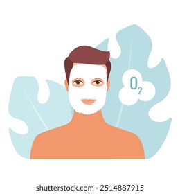 Illustration of a man applying a white sheet mask on his face. Skincare treatment vector.