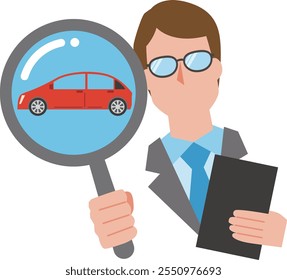 Ilustración de un hombre evaluando un coche