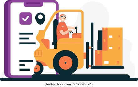 Ilustración de un hombre arreglando mercancías usando una carretilla elevadora, un concepto de una empresa de transporte de carga. Ilustración vectorial