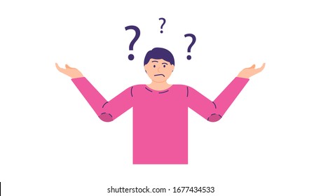 illustration of a man asking questions. concept Frequently asked questions or FAQs, question marks around people, online support center. Can be used for landing pages, templates, UI, web.