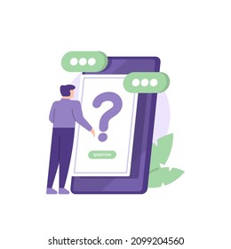 ilustración de un hombre haciendo preguntas y buscando respuestas o ideas en línea usando un smartphone. preguntas frecuentes o preguntas frecuentes, centro de asistencia en línea. diseño de vector plano.  página de inicio