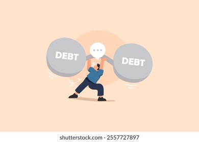 An illustration of a man attempting to lift a heavy debt ball, symbolizing financial burden and struggle. The dynamic, hand-drawn style emphasizes the weight of debt and personal resilience.