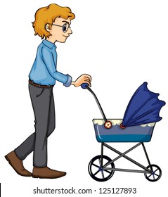 Illustration of a man and baby pram on a white background