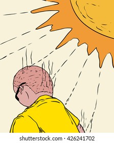 Illustration of man with back of head and arm getting sunburned