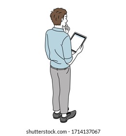 Illustration of a man in the back view with a tablet computer