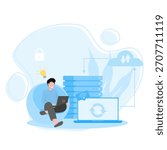 Illustration of a Man Backing Up Big Data on a Laptop
