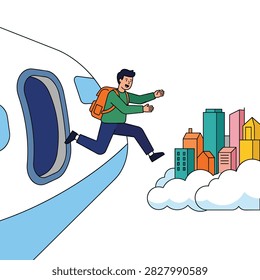 Illustration of a man with a backpack jumping from an airplane window toward a colorful city skyline above the clouds