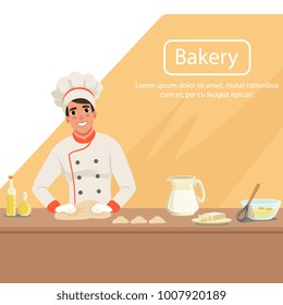 Illustration with man baker character kneading dough on the table with products. Male in uniform, chef s hat and apron at work. Bakery shop background. Flat vector