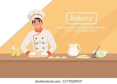 Illustration mit einem männlichen Baker Charakter Knetteig auf dem Tisch mit Produkten. Männlich in Uniform, Küchenchef s Hut und Schürze bei der Arbeit. Bäckerei, Hintergrund. Flache Vektorillustration