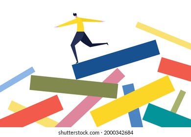 Illustration of a man balancing on collapsing blocks