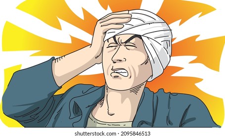 Illustration of a man with bandage on his head.