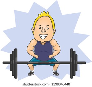 Illustration of a Man with a Barbell In Front Ready for Weightlifting or Bodybuilding