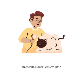 an illustration of a man bathing a cat. use shower and shampoo to bathe the cat. groming process. maintain the cleanliness and health of pets. flat illustration design. graphic elements. vector