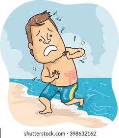 Illustration of a Man at the Beach Stung by a Jellyfish