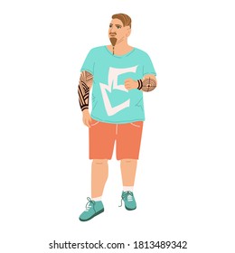Illustration of a man with a beard, mustache and tattoo on his arms. Male hipster model in t-shirt and shorts drawn in flat style isolated on white background. Overweight male character with tattoos.