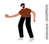 Illustration of man with a beard playing paddle tennis. He wears brown t-shirt, black plaid pants, and white sneakers. He holds a wooden racket in a dynamic pose. Flat vector illustration.