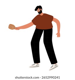 Illustration of man with a beard playing paddle tennis. He wears brown t-shirt, black plaid pants, and white sneakers. He holds a wooden racket in a dynamic pose. Flat vector illustration.
