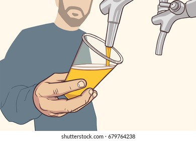 Illustration of man with beard pouring draft beer in vintage colors