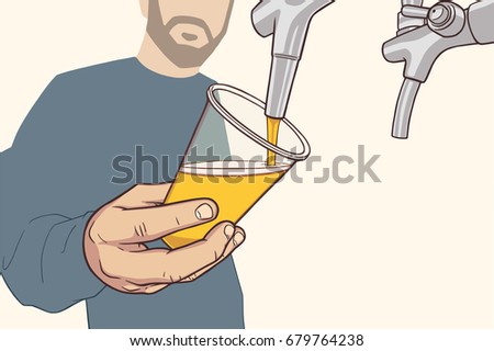 Illustration of man with beard pouring draft beer in vintage colors