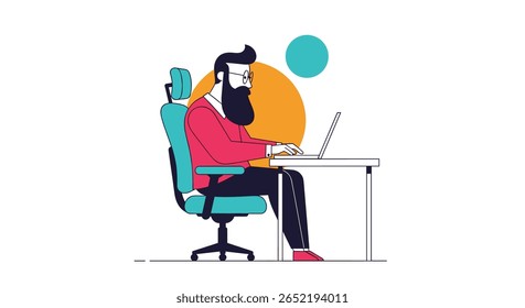 Illustration of a man with a beard working on a laptop at his desk while sitting in an office chair