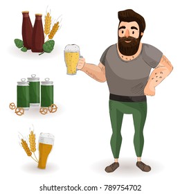 Illustration of a man with a beer. Beer in a bottle, hops, malt, pretzels, beer mug