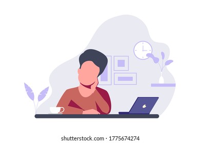 Illustration of a man being bored with his work. A college student bored with his online meetings