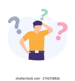 illustration of a man being confused and surrounded by question mark symbols. flat design. concept Frequently asked questions or FAQs, question marks around people, online support center.